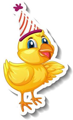 A sticker template with a baby chicken wearing party hat character