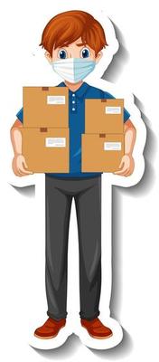 A sticker template with courier man in uniform holding boxes