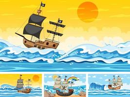 Conjunto de océano con barco pirata en escenas de diferentes momentos. vector