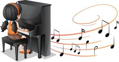 Símbolos de melodía musical con una niña tocando el piano aislado vector