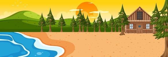 Beach horizontal scene at sunset time with a wooden house vector