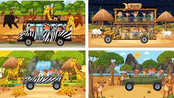 Set of different safari scenes with animals and kids cartoon character vector