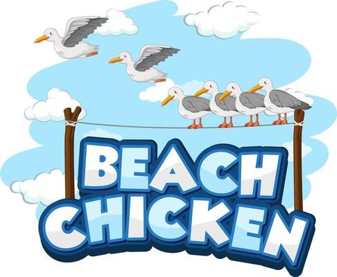 Seagull bird cartoon character with Beach Chicken font banner isolated