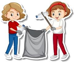 Diseño de pegatinas con niños recogiendo basura. vector