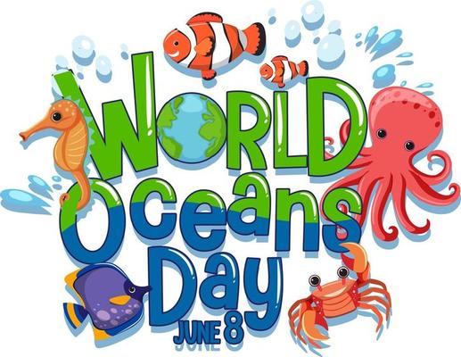 World Ocean Day banner with sea animals cartoon character