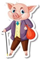 Sticker template with a pig wearing suit costume cartoon character vector