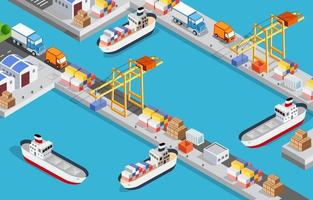 Isometric City industrial port with transport boat 3D illustration vector