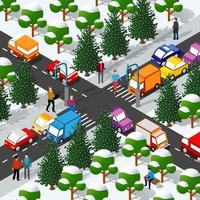 Isometric 3D winter Christmas illustration of the city quarter vector