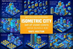 ciudad isométrica de neón nocturno conjunto de distrito de bloques de módulos 3d vector