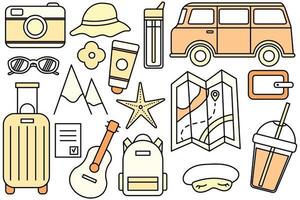 Travel to the mountains by the sea, hike. Eco tourism. Camping outdoor recreation. Vector line icon. Editable stroke. Doodle style. Collection of things for the vacation.