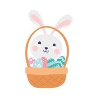 lindo conejo con huevos en la canasta feliz pascua personaje vector