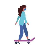 Mujer con máscara médica en diseño vectorial de patineta vector