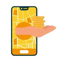 smartphone with delivery map and coins on hand vector design