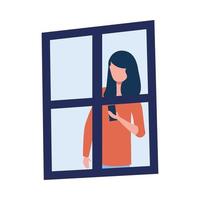 woman cartoon with smartphone at window vector design