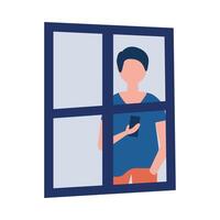 man cartoon with smartphone at window vector design