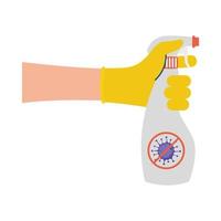 Hand holding spray bottle with covid 19 virus ban vector design