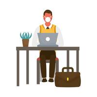 Man with medical mask on desk with laptop vector design