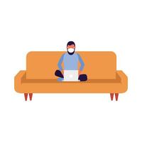 Man with medical mask and laptop on couch vector design