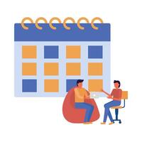 Men avatars on puf and chair with calendar vector design