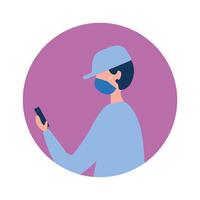 man wearing medical mask using smartphone character vector