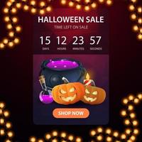 venta de halloween, banner vertical rosa de descuento con promociones de temporizador de cuenta regresiva, diseño de banner moderno con textura poligonal, maceta de bruja y gato de calabaza vector