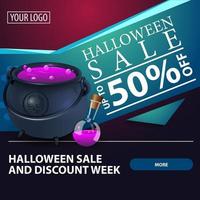 Halloween sale and discount week, square discount banner with modern design and witch's cauldron with potion vector