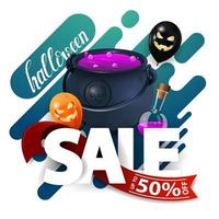 Halloween sale, discount web banner with witch's cauldron with potion. Abstract splash, liquid shape, water wave. vector