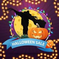 Halloween sale, round discount banner with blue ribbon, Scarecrow and pumpkin Jack against the moon vector