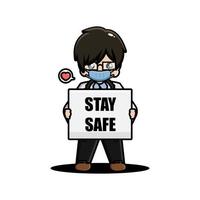 Cute doctor with mask and stay safe sign vector