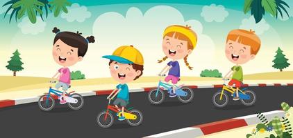 niños felices montando bicicleta vector