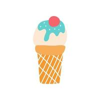 Ice cream in a waffle cup with cherry and icing. Vector flat image. Decorative element for posters, postcards, stickers