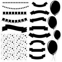 Set of flat black isolated silhouettes of balloons on ropes and garlands of flags. A set of ribbons of banners of different shapes. Background in the form of confetti. vector