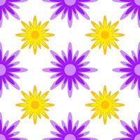 Seamless pattern of yellow and purple abstract snowflakes on a white background vector