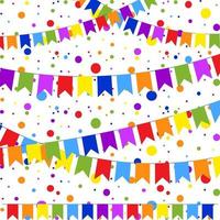 Set of six flat colored garlands isolated in the form of flags on a rope. On the background of colorful confetti. Suitable for design. vector