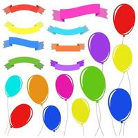 A set of 8 flat colored insulated banner ribbons and 11 balloons on ropes. Suitable for design. vector