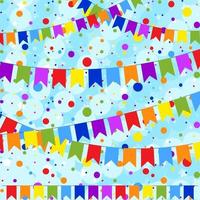 Set of six flat colored garlands isolated in the form of flags on a rope. On the background of colorful confetti. Suitable for design. vector