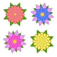 Set of beautiful flowers of various shades with green leaves isolated on white background. Four options. Suitable for design. vector