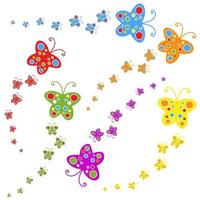 A flock of flat colored isolated butterflies flying one after another. Six color options in the set. vector