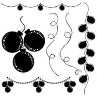 conjunto de siluetas planas de juguetes de Navidad aislados en blanco y negro. decoración de bolas de cristal. guirnaldas. vector