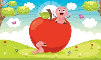 Red Apple And Cute Worm Cartoon vector