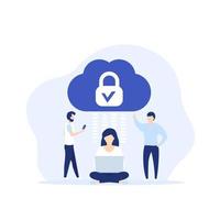 Secure cloud access, protected hosting vector illustration with people