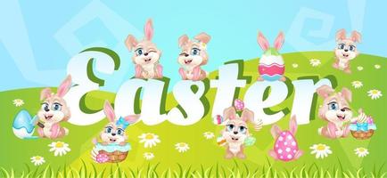 Easter spring holiday word concepts flat color vector banner. Adorable rabbits. Isolated typography with tiny kawaii bunnies cartoon characters on meadow grass background. Pascha creative illustration