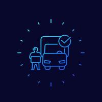 delivery icon, van and worker with box, line vector