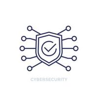 icono de línea de seguridad cibernética con escudo y marca de verificación vector