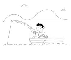 Cartoon man fishing with hook in boat, lake or sea vector