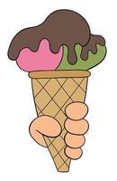 Cartoon holding cone, ice cream and chocolate sauce