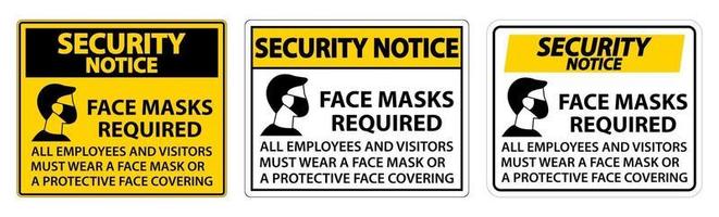 Aviso de seguridad mascarillas requeridas firmar sobre fondo blanco. vector
