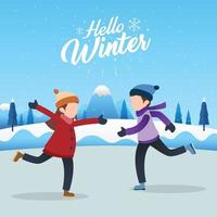 Two people playing ice skating with winter background vector