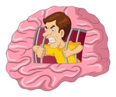 Cartoon illustration of a man breaking free from brain vector