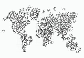 el dibujo a mano alzada del grano de café se organiza en el mapa del mundo. vector